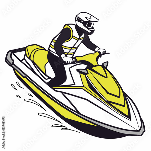 Person riding a yellow and white jet ski wearing a helmet and safety vest