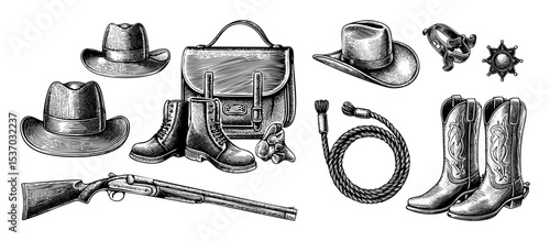 Vector Vintage western elements including hats boots a rifle and sheriff badges are arranged in a detailed engraving style.