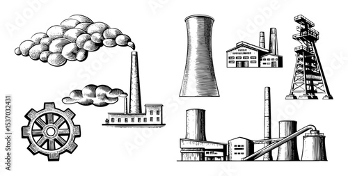 Vector Industrial landscape features detailed factory structures and pollution clouds.