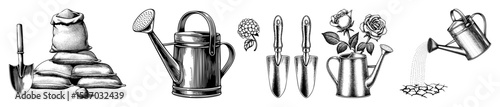 Vector Vintage gardening tools and floral elements create a detailed botanical composition.