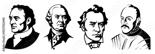 Vector Illustrative portraits of historical figures in a bold style.