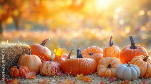 Harvest festival pumpkins displayed on hay bales in autumn landscape warm light and vibrant colors