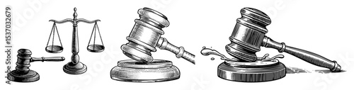 Vector Legal symbols of justice including scales and a gavel are depicted in a vintage style.
