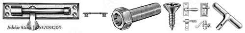 Vector Detailed industrial components showcases a cylindrical structure fasteners and mounting brackets.
