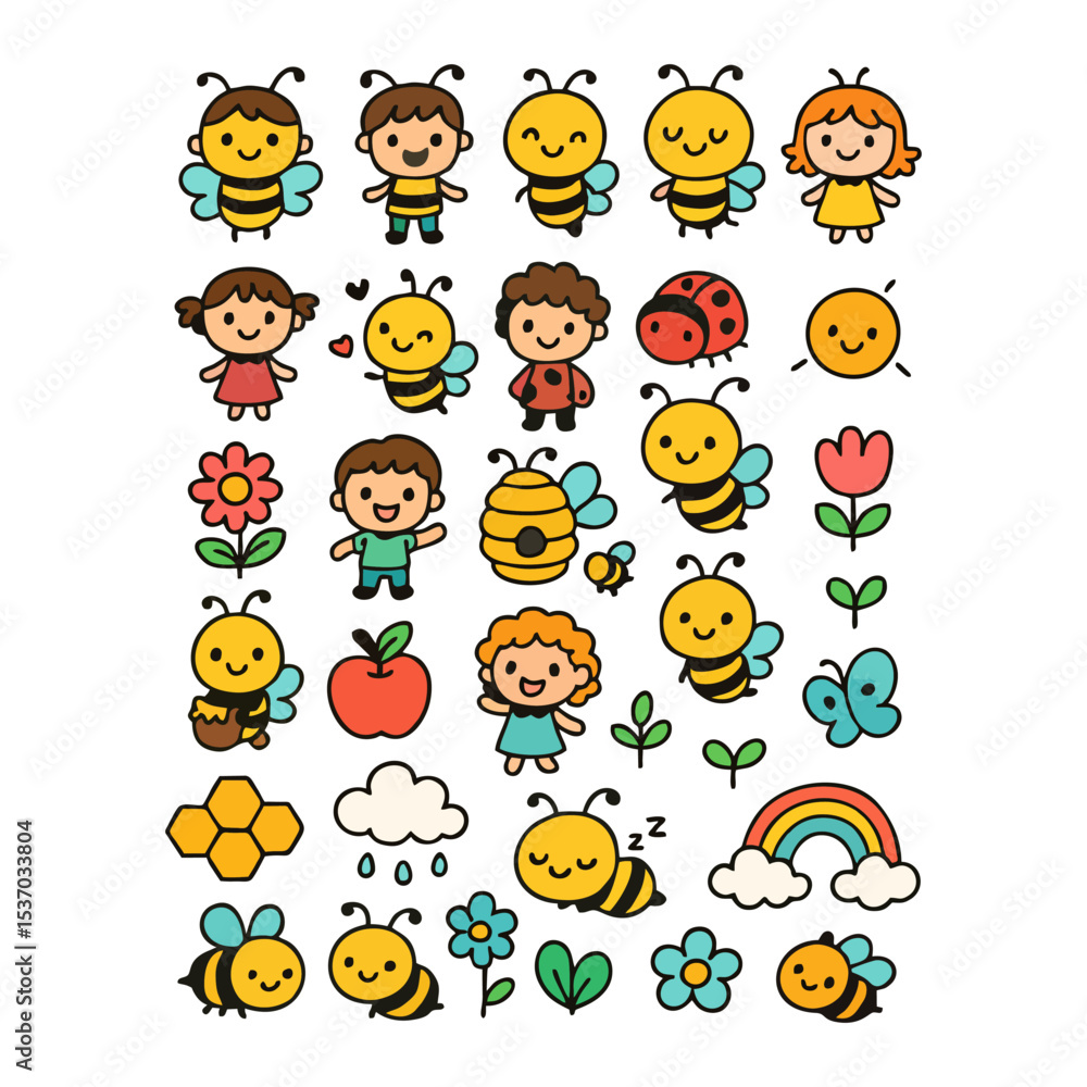Collection of colorful chibi bee cartoon icons. Cute line scribble decoration set with isolated background. Simple child art bundle including child characters, animals and nature symbols-30 icons Collection of colorful chibi bee cartoon icons. Cute line scribble decoration set with isolated background. Simple child art bundle including child characters, animals and nature symbols-30 icons