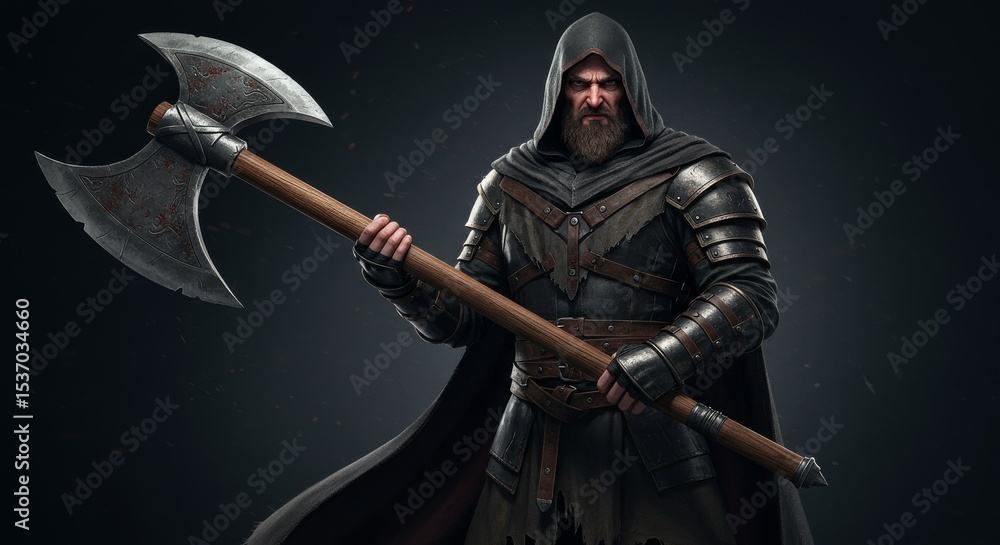 Naklejka premium Hooded Warrior with Double Axe - A powerful warrior, cloaked and armored, stands defiantly wielding a large double axe. Symbolizing strength, protection, determination, mystery, and battle