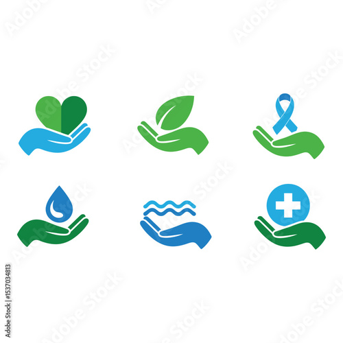 Hands holding symbols of health care isolated on white background