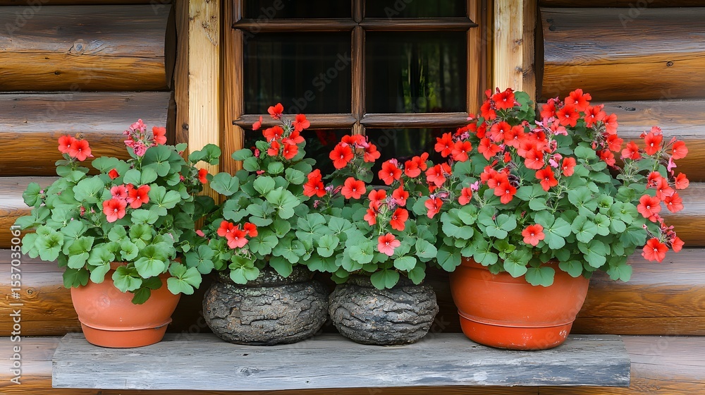 Fototapeta premium Vibrant Red Geraniums in Rustic Wooden Pot Planters
