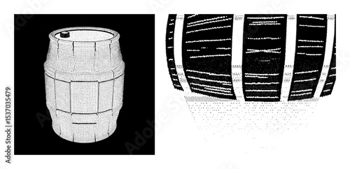 Vector Detailed vector of a wooden barrel with metal bands.