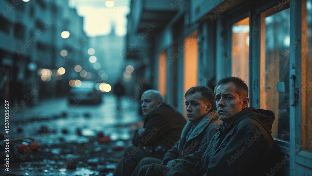 Obraz premium People sitting quietly on a street at dusk in an urban setting with soft lighting and a sense of anticipation