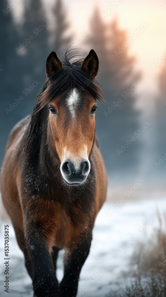 Wild horse walking in the snow during sunset in a serene forest landscape Wild horse walking in the snow during sunset in a serene forest landscape