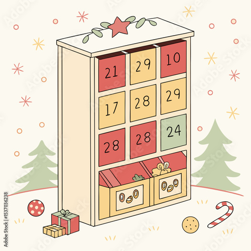 Adorable christmas advent calendar illustration with clean cutout