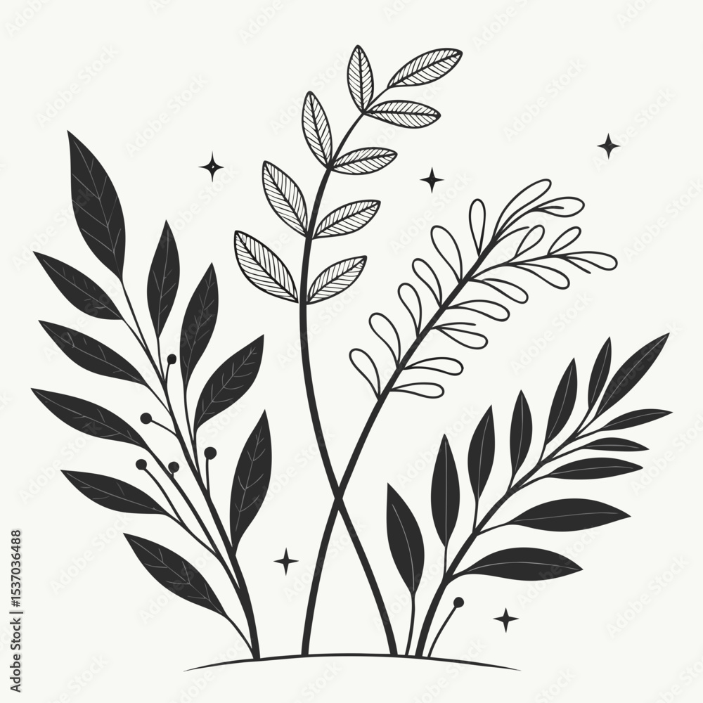Fototapeta premium Elegant black and white botanical illustration featuring three stylized plant branches