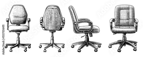 Vector Four ergonomic office chairs are presented in a detailed sketch style.