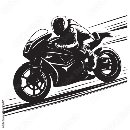Fast motorcycle rider in black and white illustration
