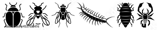 Vector Black silhouettes of diverse insects and arthropods showcase detailed vector illustrations.