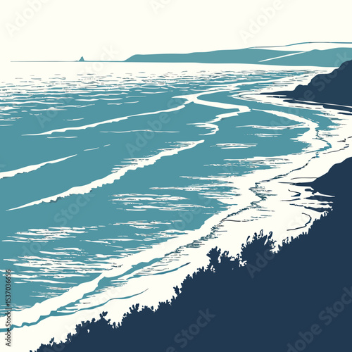 Coastal landscape serene ocean waves sandy beach tranquil scene