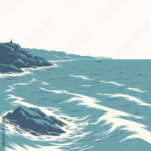 Ocean waves crashing against rocky coastline sailboat distant view