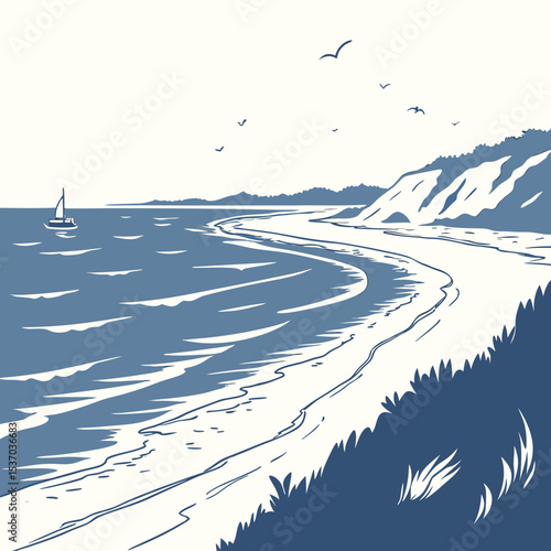 Serene coastal landscape sailboat ocean beach cliffs