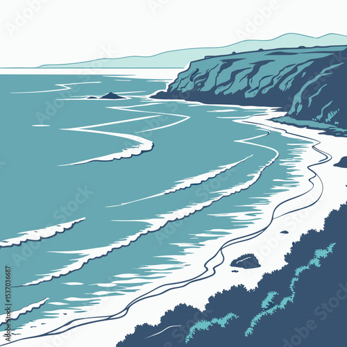 Serene coastal scene ocean waves crashing on sandy beach cliffs