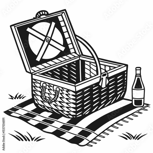 Open picnic basket on checkered blanket with wine bottle