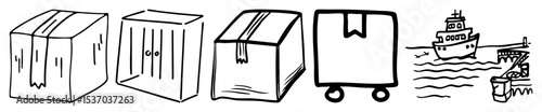 Vector Assorted geometric boxes and a detailed ship combine in a playful vector .