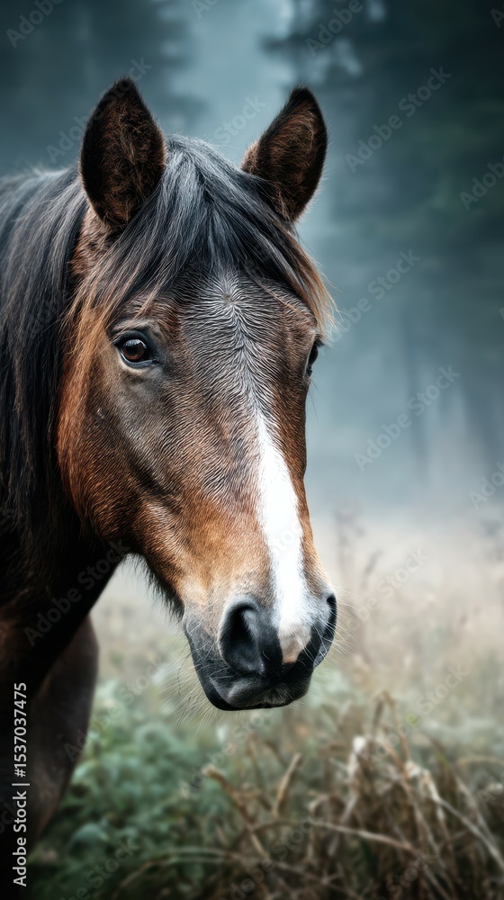 Fototapeta premium Majestic horse gazing in a misty forest during early morning light in a serene natural habitat