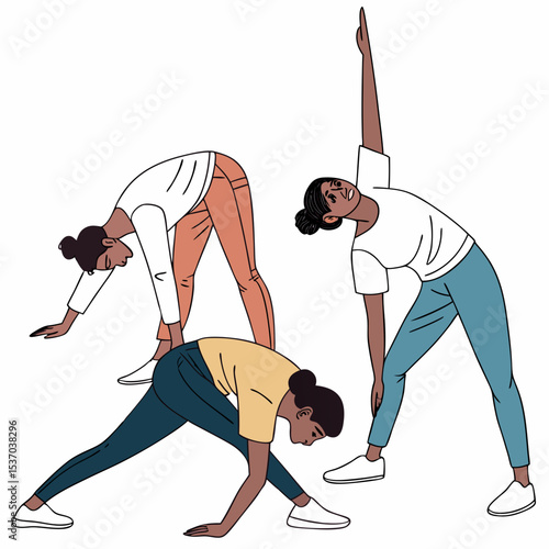 Three black women stretching doing yoga fitness exercise workout