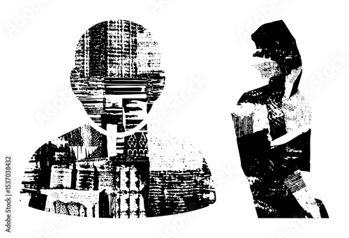 Vector Silhouetted figures of a man and woman in a distressed vector style.