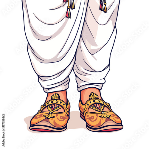 Vsai indian groom wearing traditional dhoti and sherwani with embroidered shoes