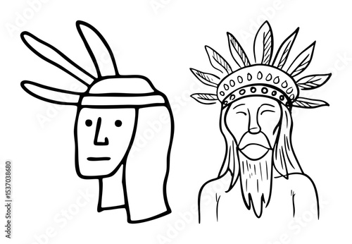 Vector Native American portraits featuring feathered headdresses in a linear style.
