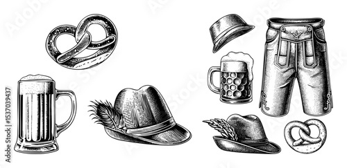 Vector Traditional Bavarian elements including pretzels beer and hats are illustrated in a vintage style.