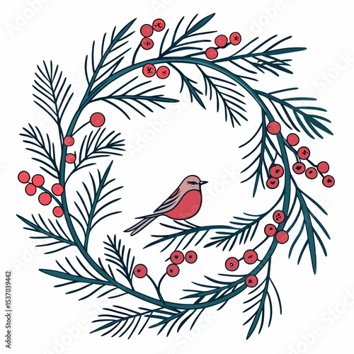 Festive winter wreath with robin bird and berries