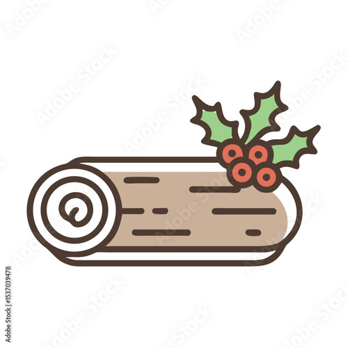 Festive christmas yule log cake icon isolated on white background