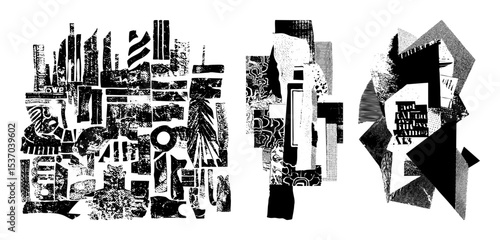 Vector Abstract geometric compositions feature fragmented shapes and textured elements.