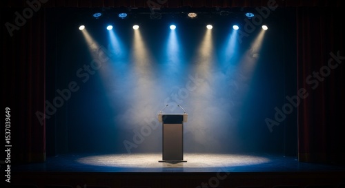 Stage Ready for Presentation - Podium, stage lights, microphones, public speaking, event readiness. Symbolizing: communication, leadership, announcement, performance, success