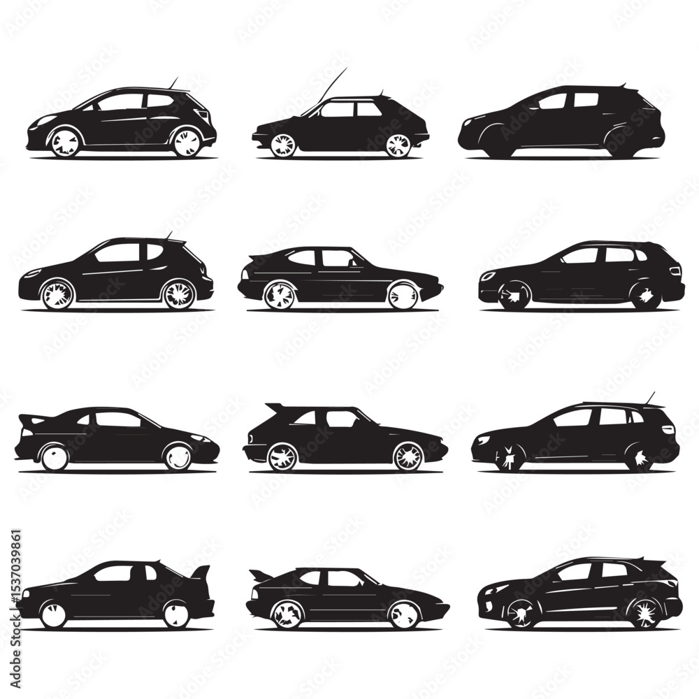 Collection of nine black car silhouettes Collection of nine black car silhouettes