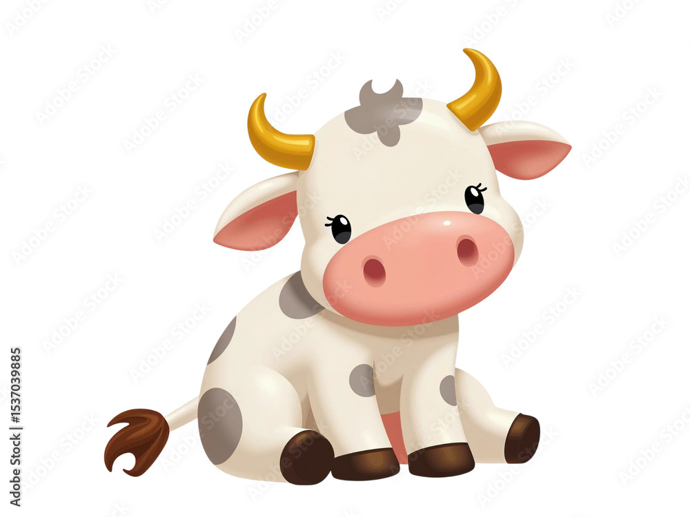 Obraz premium Cute cartoon calf sitting isolated on transparent background