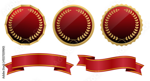 グラデーションのエレガントな金メダルとリボンのフレームデザインセット(お祝い 賞 ランキング メダル フレーム １位 2位 3位 表彰 賞 栄光 ベクター 編集可能 赤)