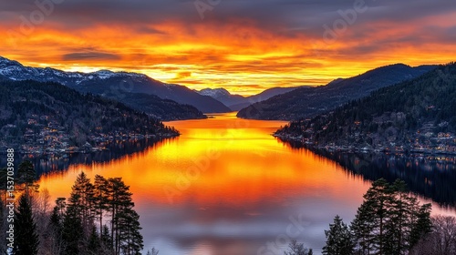Wallpaper Mural Fiery Sunset Reflecting on Calm Mountain Lake Torontodigital.ca
