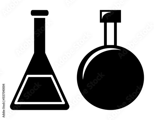 Vector Laboratory glassware including a conical flask and round-bottom flask depicted as black vector .