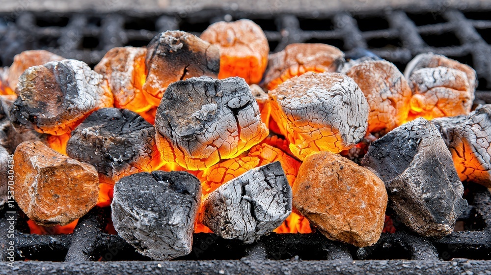 Glowing Orange and Gray Charcoal Briquettes on a Dark Metal Grill Glowing Orange and Gray Charcoal Briquettes on a Dark Metal Grill