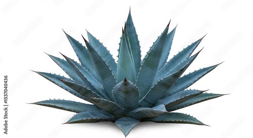 Fototapeta premium Symmetrical Agave Plant on White Background - Agave succulent, desert plant, symmetrical leaves, nature, resilience. Symbolizes strength, adaptation, endurance, beauty, and serenity