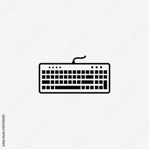 Simple black line art of a computer keyboard with wire, front-facing view. Clean, stylized vector illustration on white background, ideal for tech design and digital artwork.