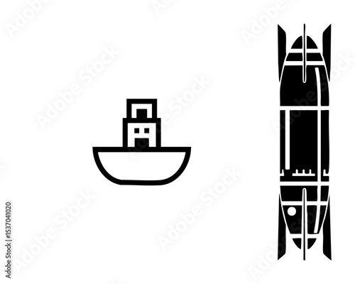 Vector Stylized vessel and longboat illustrations depict nautical themes.