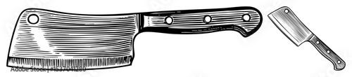 Vector Butcher cleaver and kitchen knife in vintage style.
