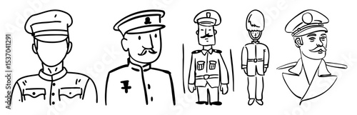 Vector art illustrations of five vintage military officers in uniform.