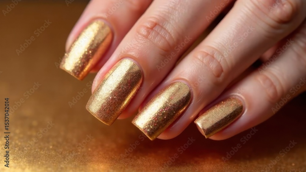 Female hand with gold nail design. Golden nail polish manicured hand. Female hand with gold nail design. Golden nail polish manicured hand.