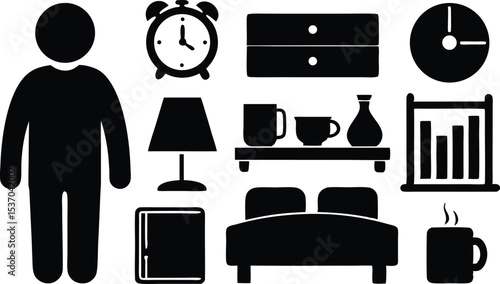 Bedroom Interior Vector Illustration with Furniture and Person Silhouette