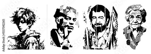 Vector Expressive monochrome portraits showcase diverse faces in bold vector style.
